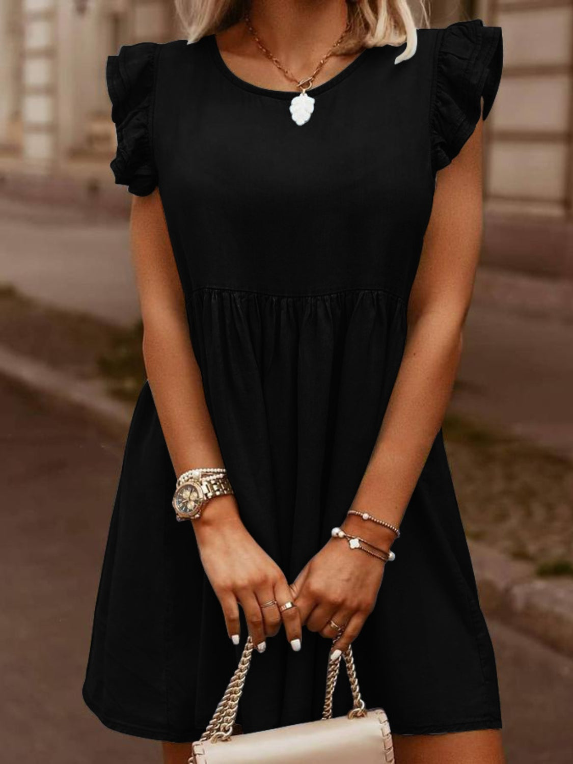 Full Size Ruffled Round Neck Cap Sleeve Denim Dress.