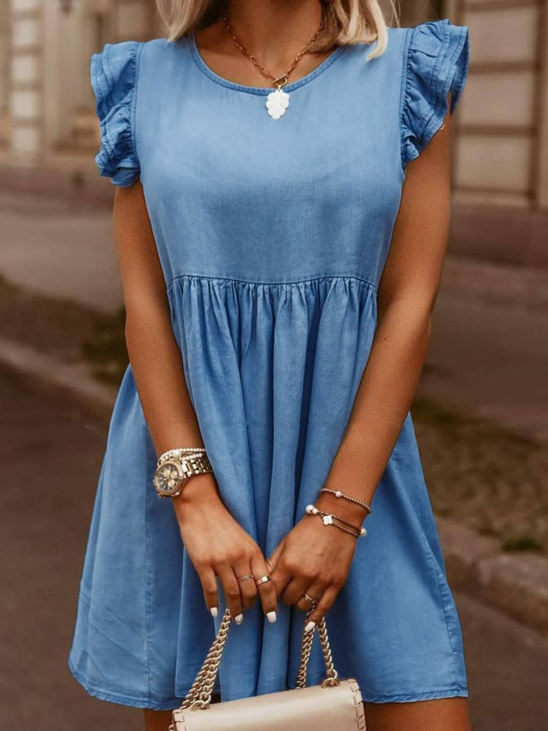 Full Size Ruffled Round Neck Cap Sleeve Denim Dress.