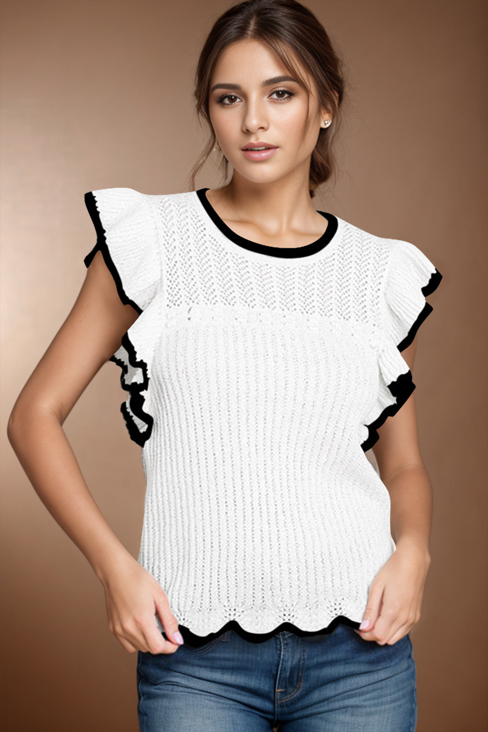 Ruffled Round Neck Cap Sleeve Knit Top.