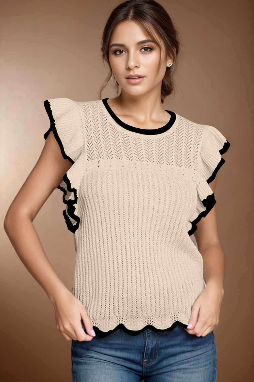 Ruffled Round Neck Cap Sleeve Knit Top.