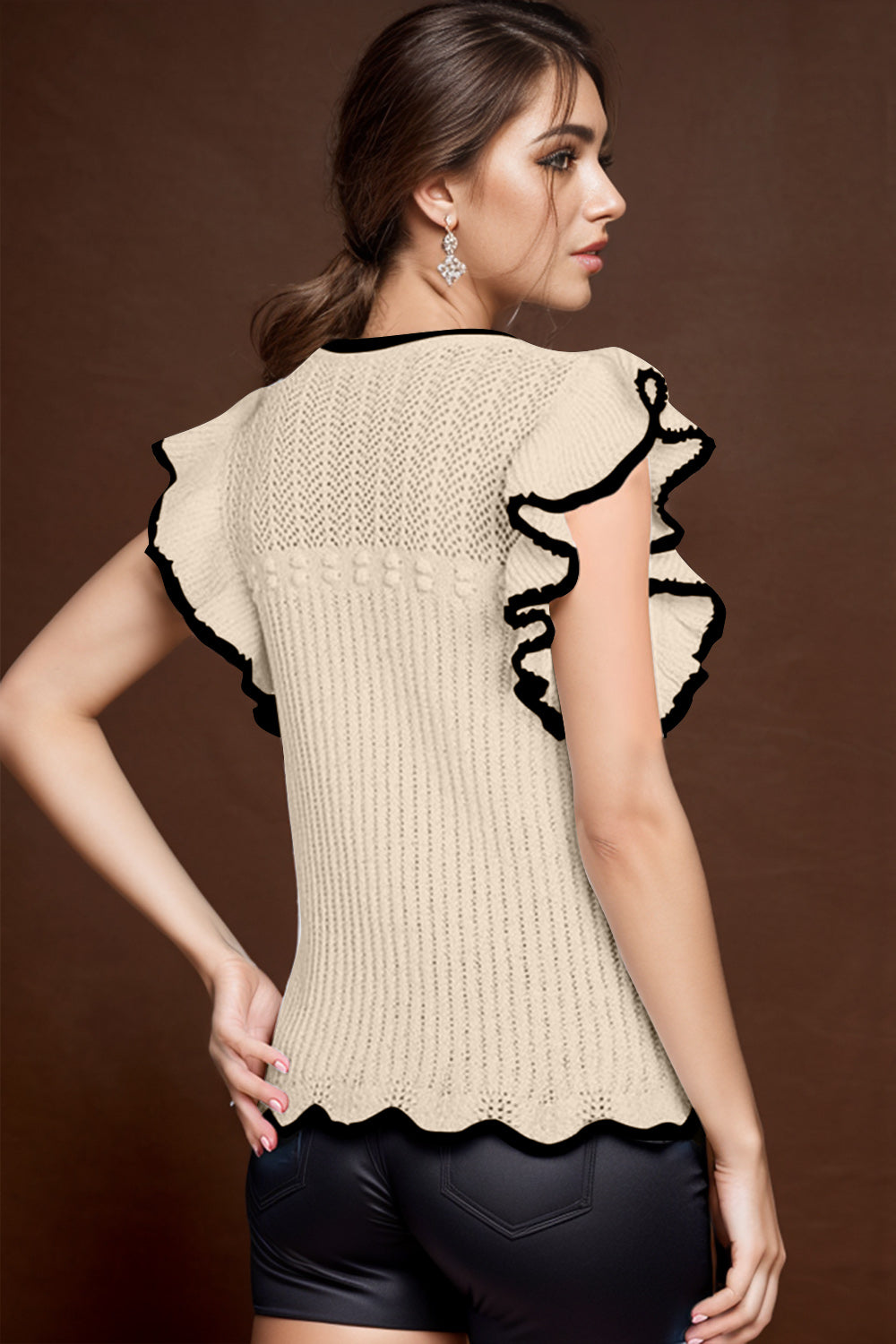 Ruffled Round Neck Cap Sleeve Knit Top.