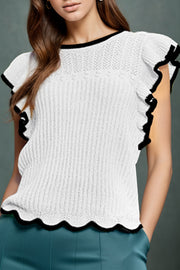 Ruffled Round Neck Cap Sleeve Knit Top.