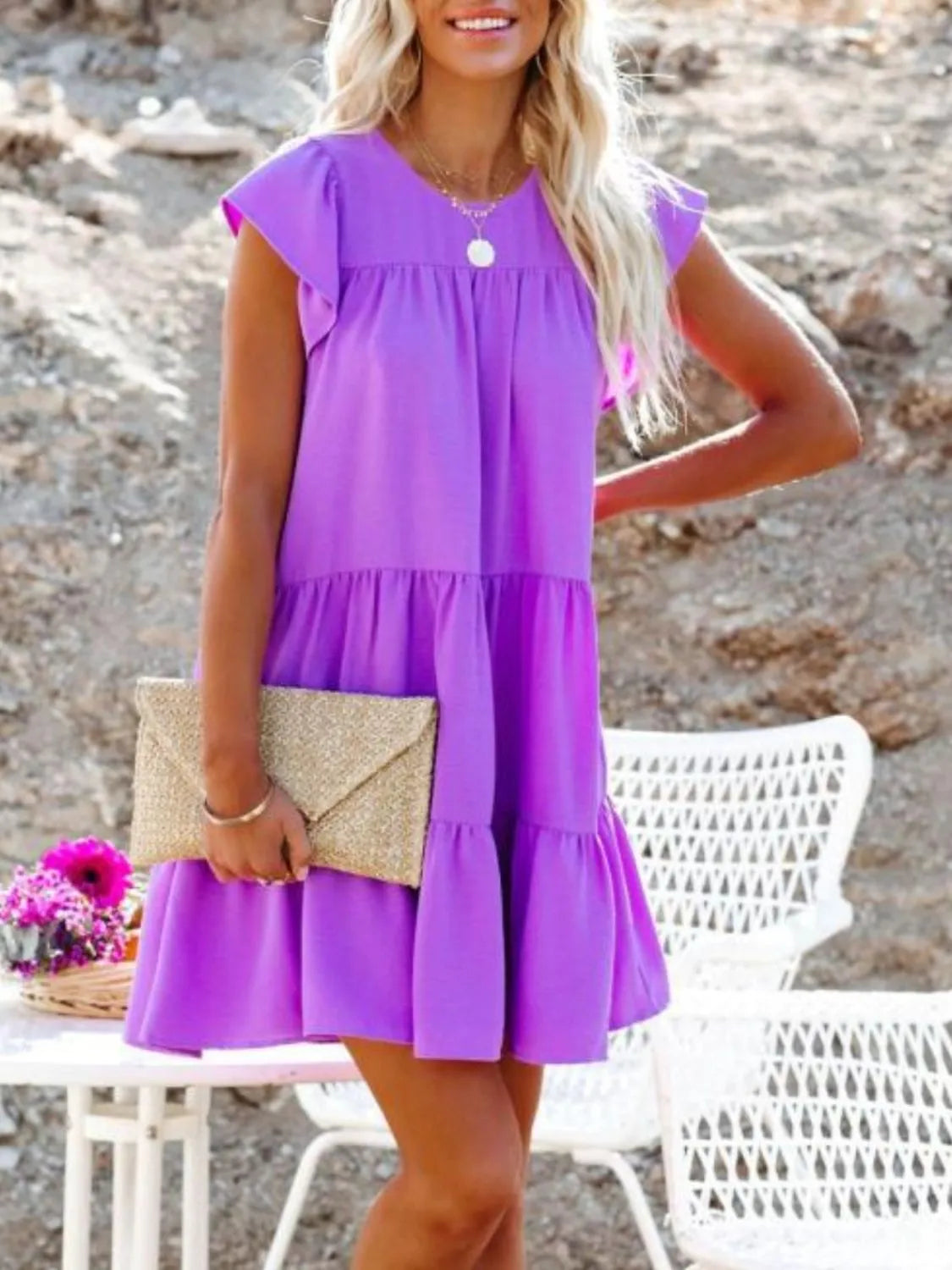 Ruffled Round Neck Cap Sleeve Mini Dress.