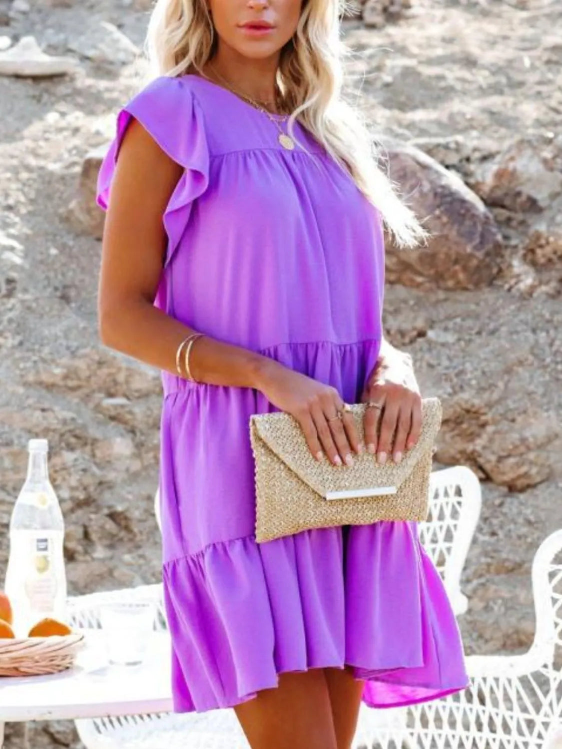 Ruffled Round Neck Cap Sleeve Mini Dress.