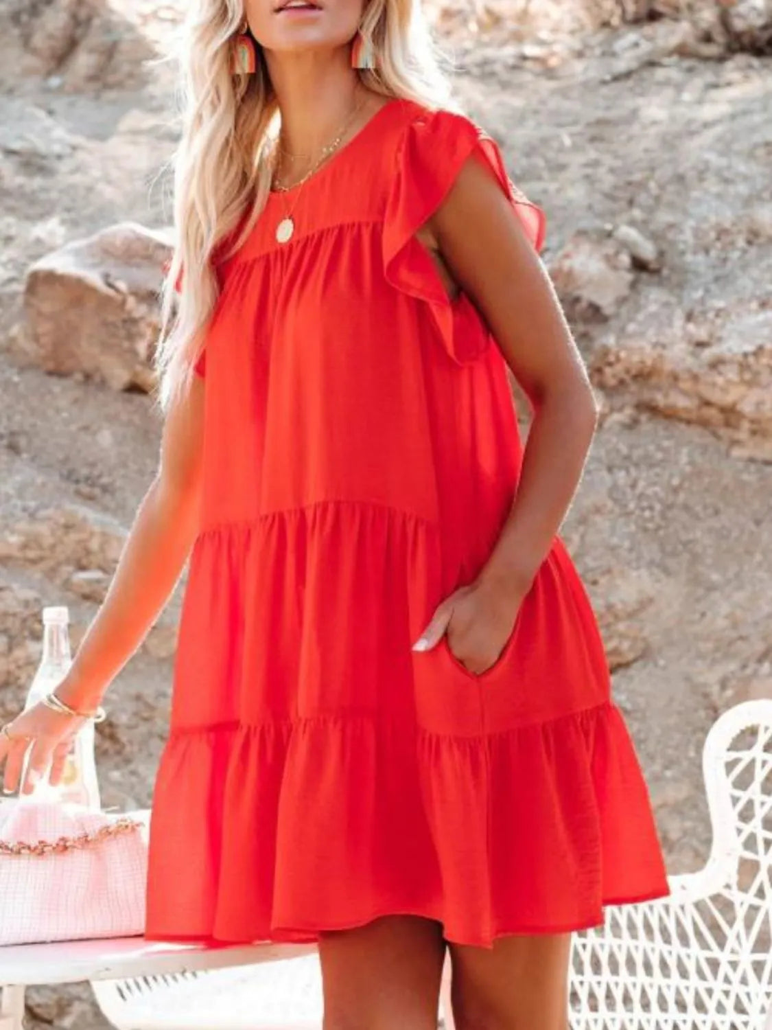 Ruffled Round Neck Cap Sleeve Mini Dress.