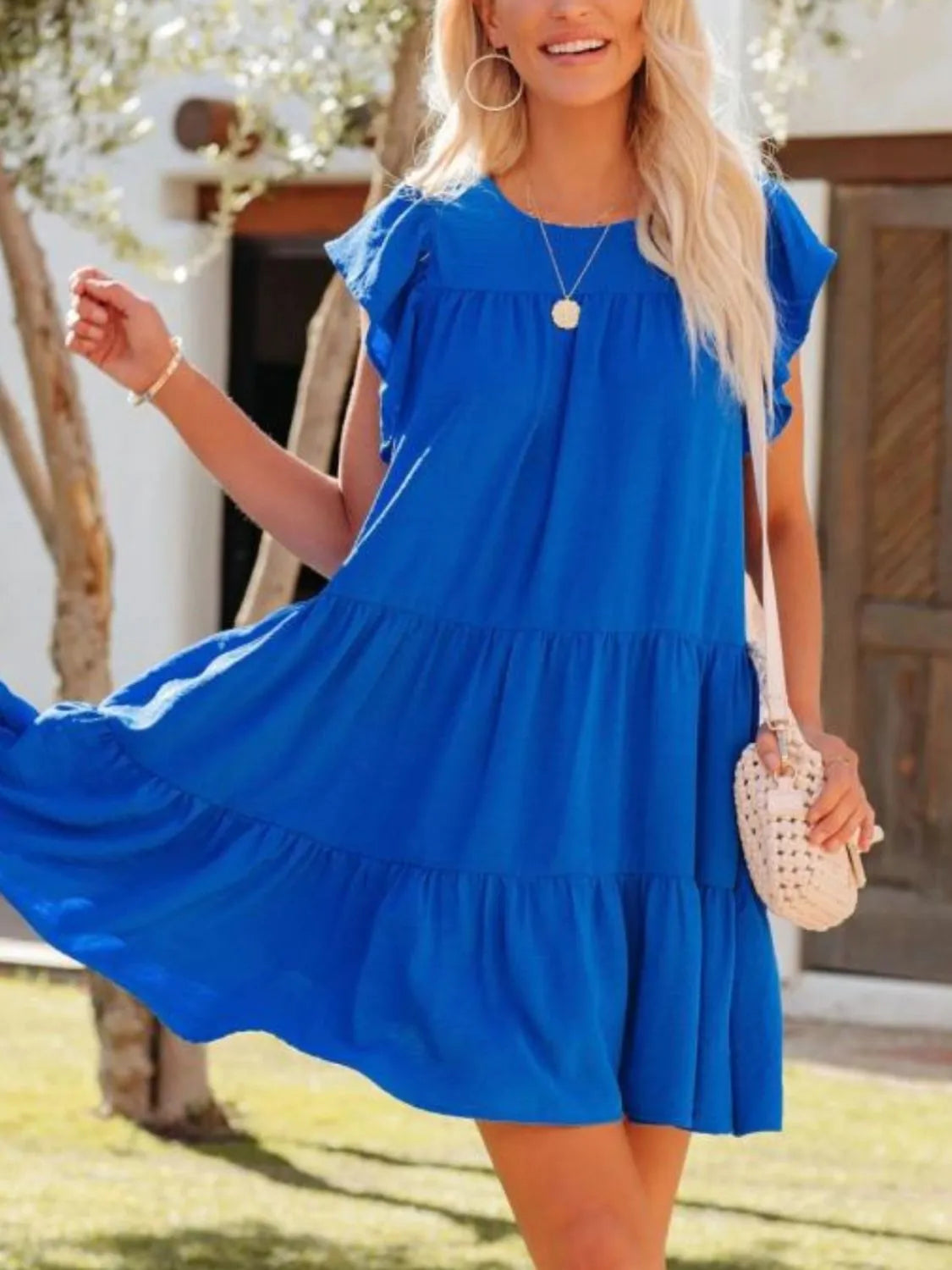 Ruffled Round Neck Cap Sleeve Mini Dress.