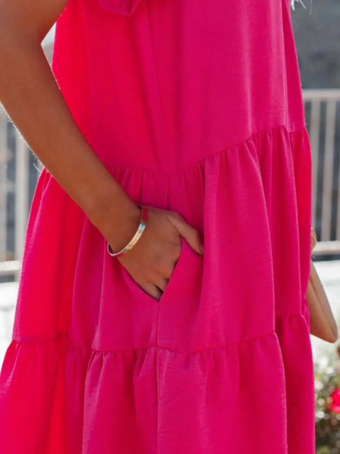 Ruffled Round Neck Cap Sleeve Mini Dress.