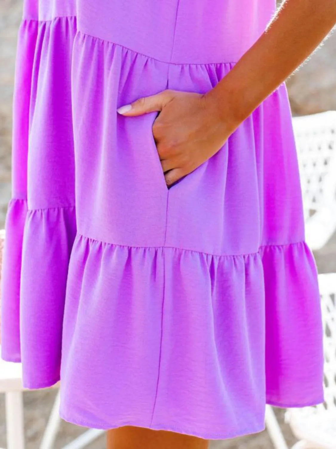 Ruffled Round Neck Cap Sleeve Mini Dress.