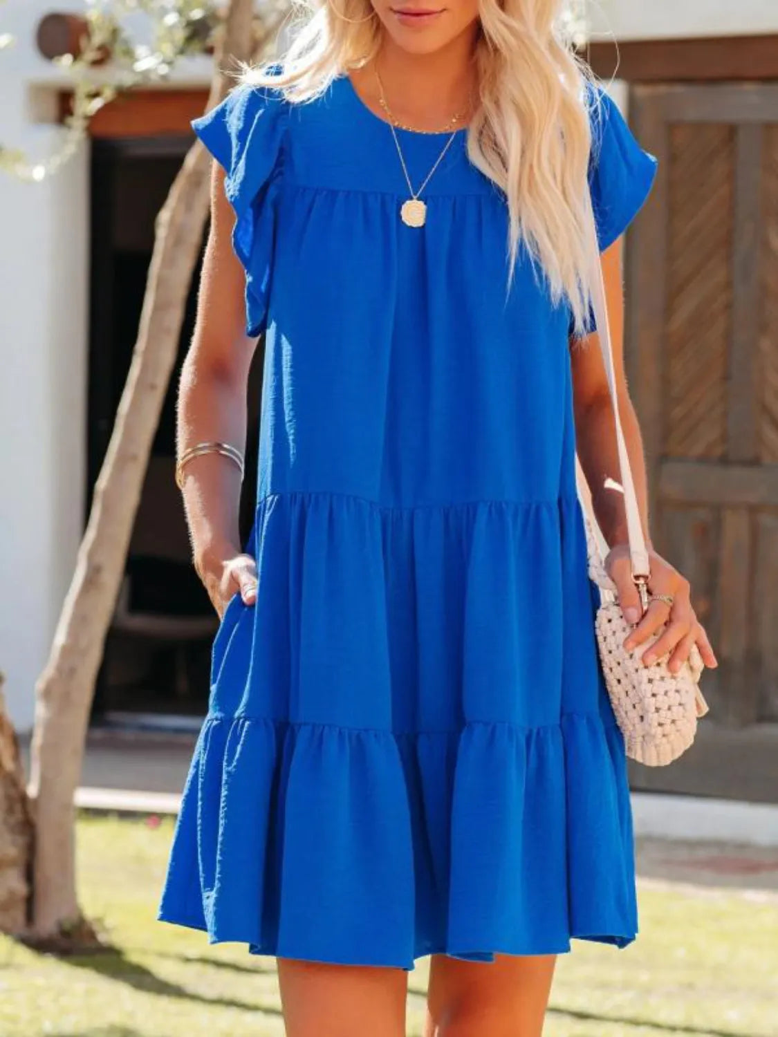 Ruffled Round Neck Cap Sleeve Mini Dress.