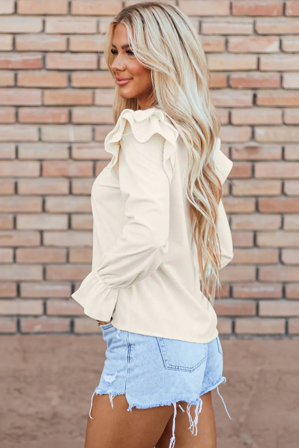 Ruffled Round Neck Flounce Sleeve Top.