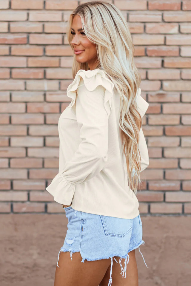 Ruffled Round Neck Flounce Sleeve Top.