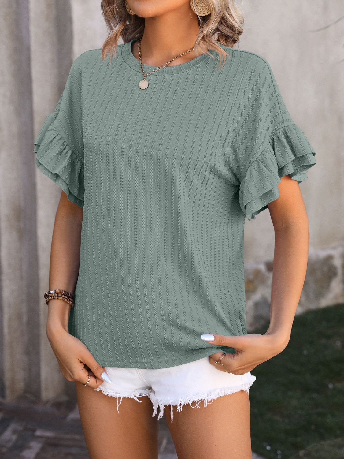 Mandy Ruffled Round Neck Short Sleeve Blouse.