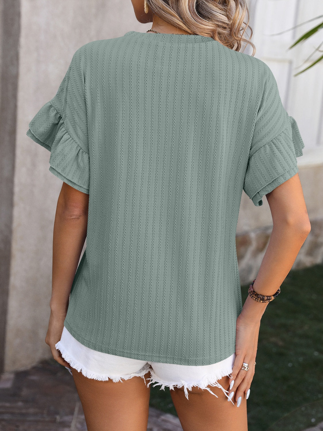 Mandy Ruffled Round Neck Short Sleeve Blouse.