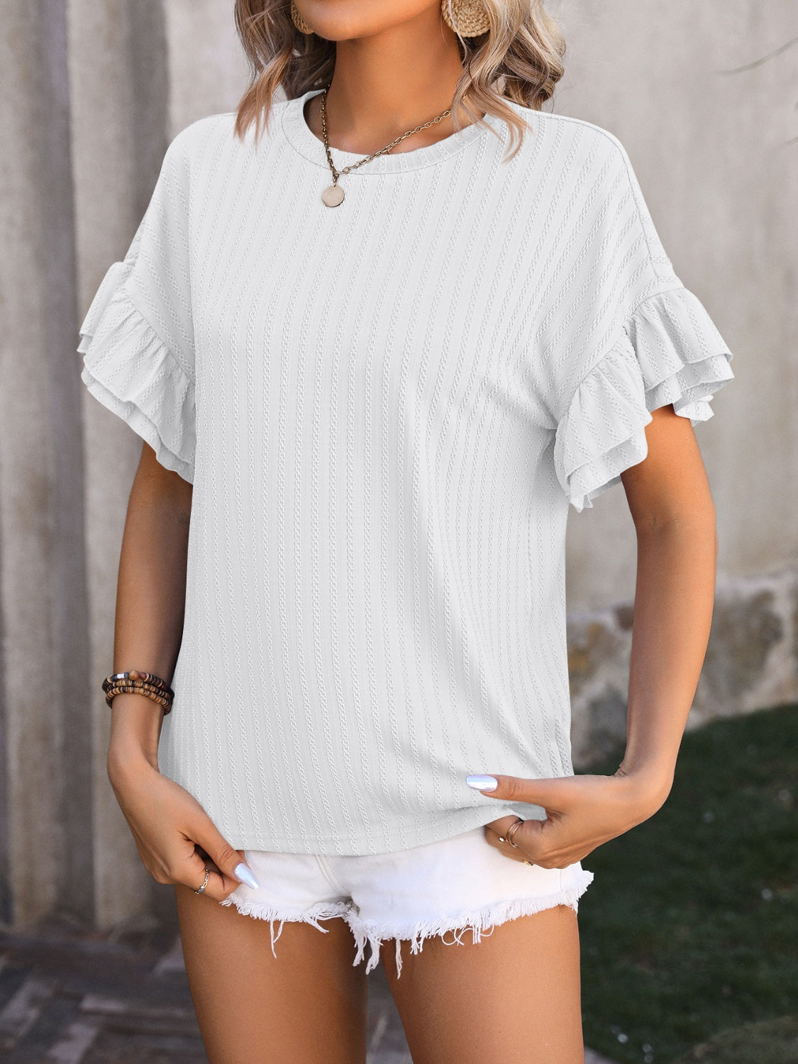 Mandy Ruffled Round Neck Short Sleeve Blouse.