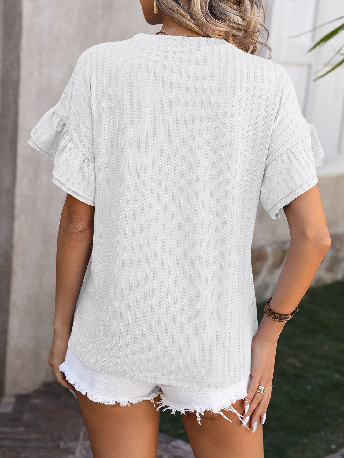 Mandy Ruffled Round Neck Short Sleeve Blouse.
