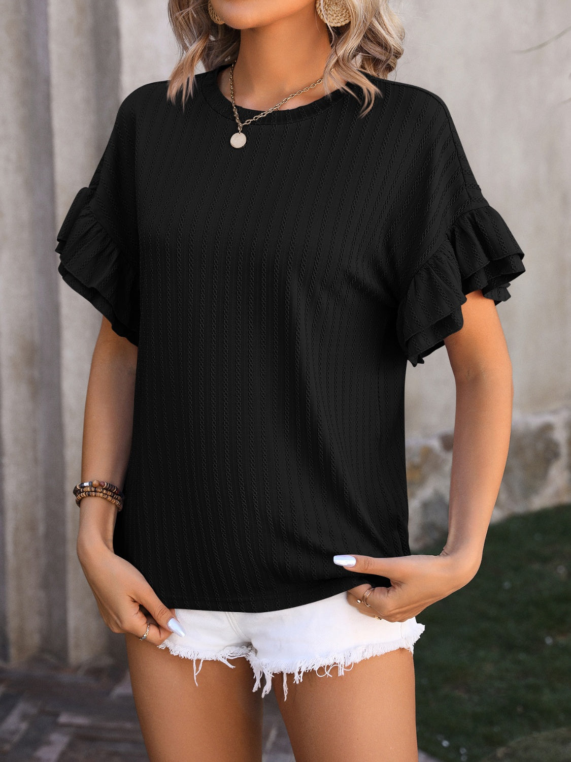 Mandy Ruffled Round Neck Short Sleeve Blouse.
