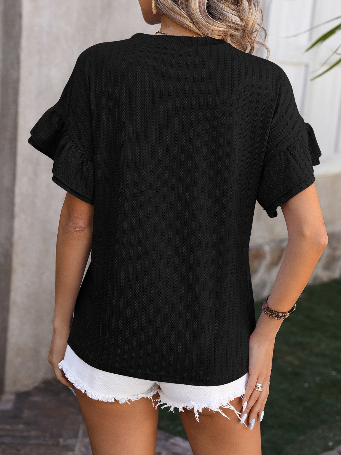 Mandy Ruffled Round Neck Short Sleeve Blouse.