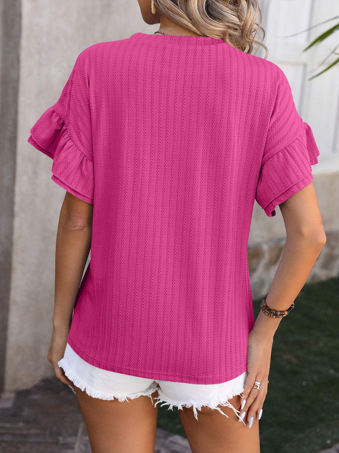 Mandy Ruffled Round Neck Short Sleeve Blouse.