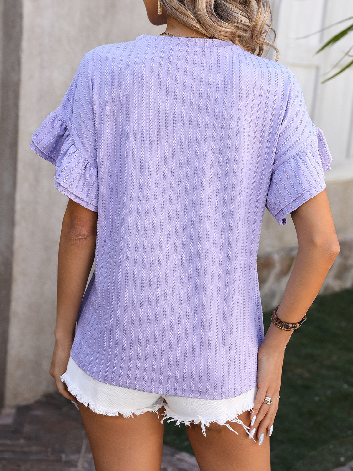 Mandy Ruffled Round Neck Short Sleeve Blouse.