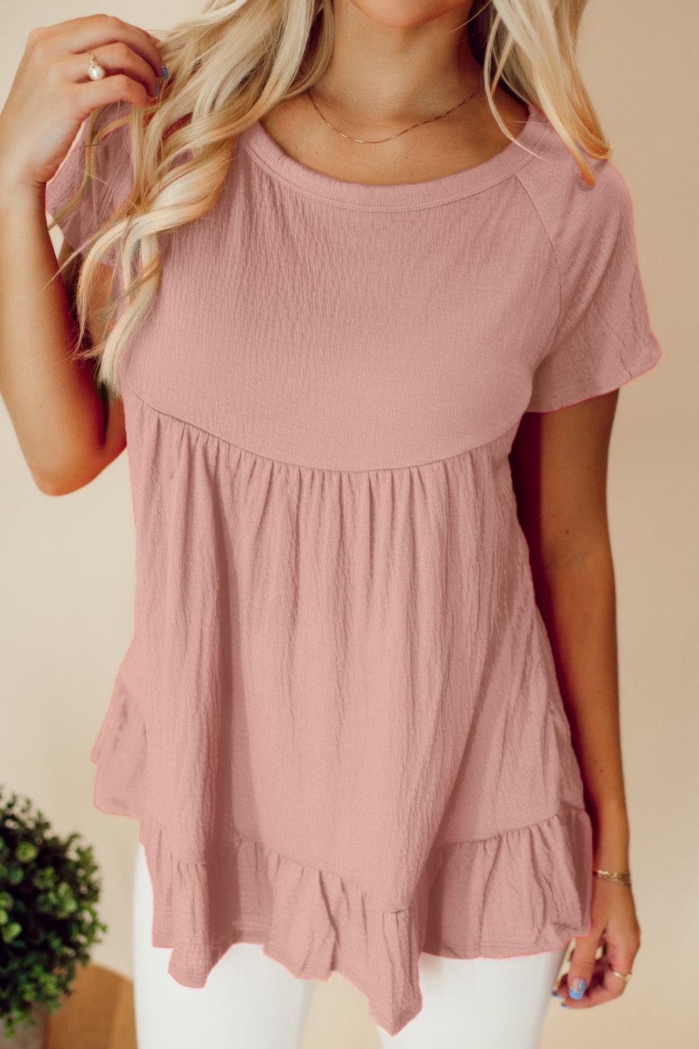 Ruffled Round Neck Short Sleeve Blouse.
