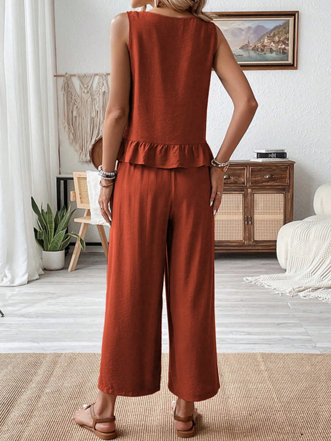 Ruffled Round Neck Top and Wide Leg Pants Set.
