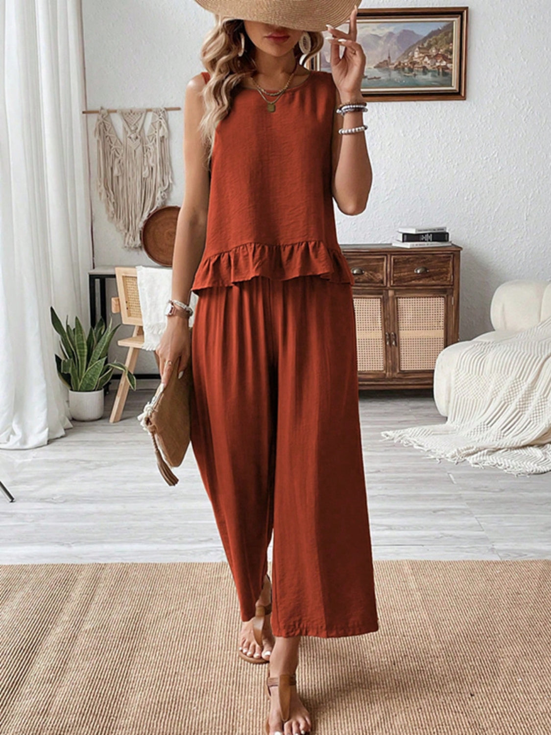 Ruffled Round Neck Top and Wide Leg Pants Set.