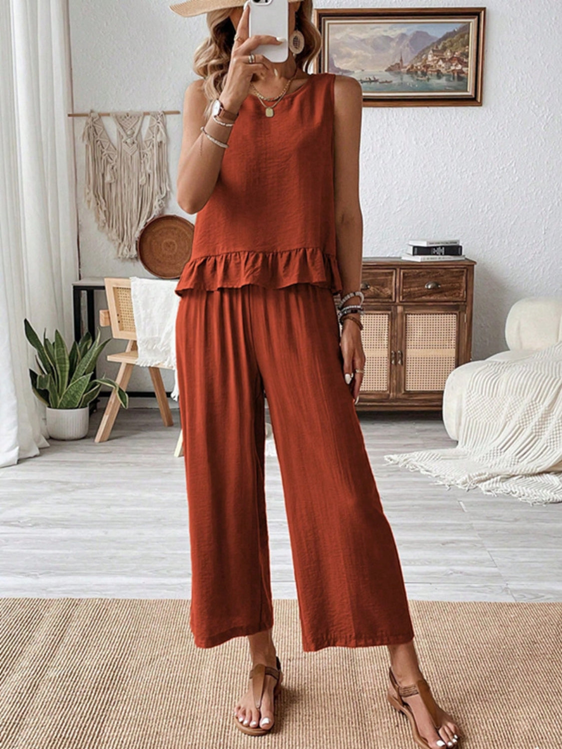 Ruffled Round Neck Top and Wide Leg Pants Set.