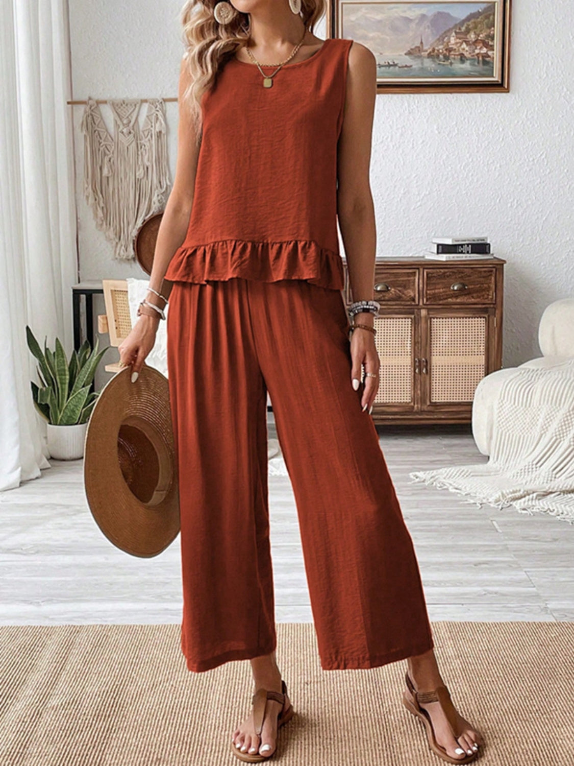 Ruffled Round Neck Top and Wide Leg Pants Set.