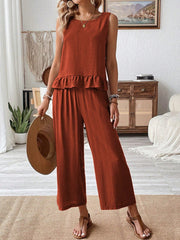 Ruffled Round Neck Top and Wide Leg Pants Set.