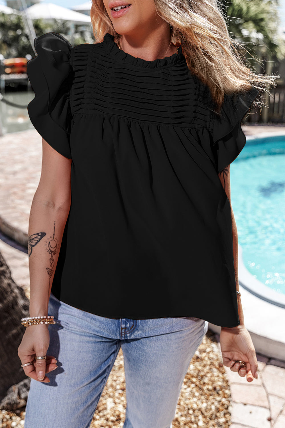 Ruffled Ruched Cap Sleeve Blouse.