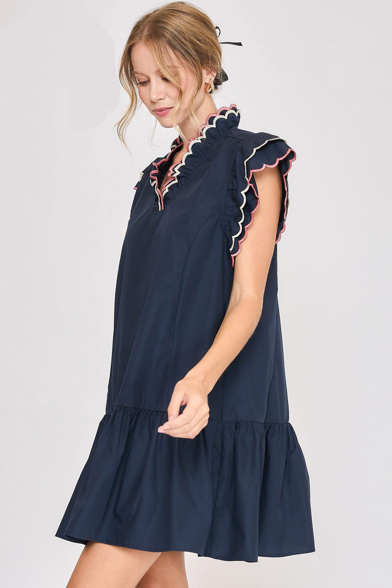 Umgee Full Size Ruffled Scalloped Sleeved Dress Plus Size.