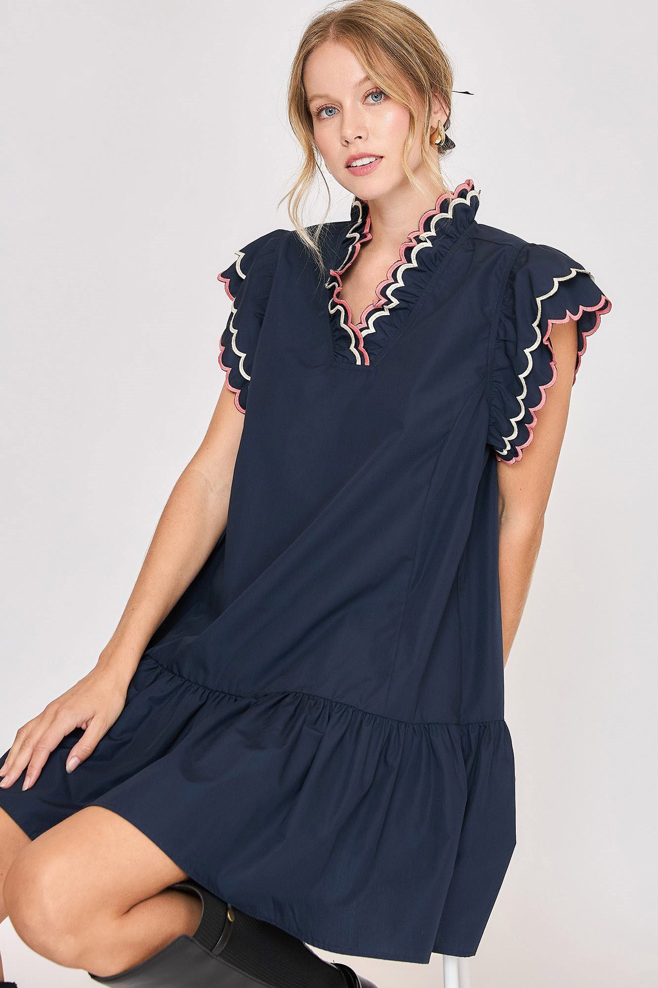 Umgee Full Size Ruffled Scalloped Sleeved Dress Plus Size.