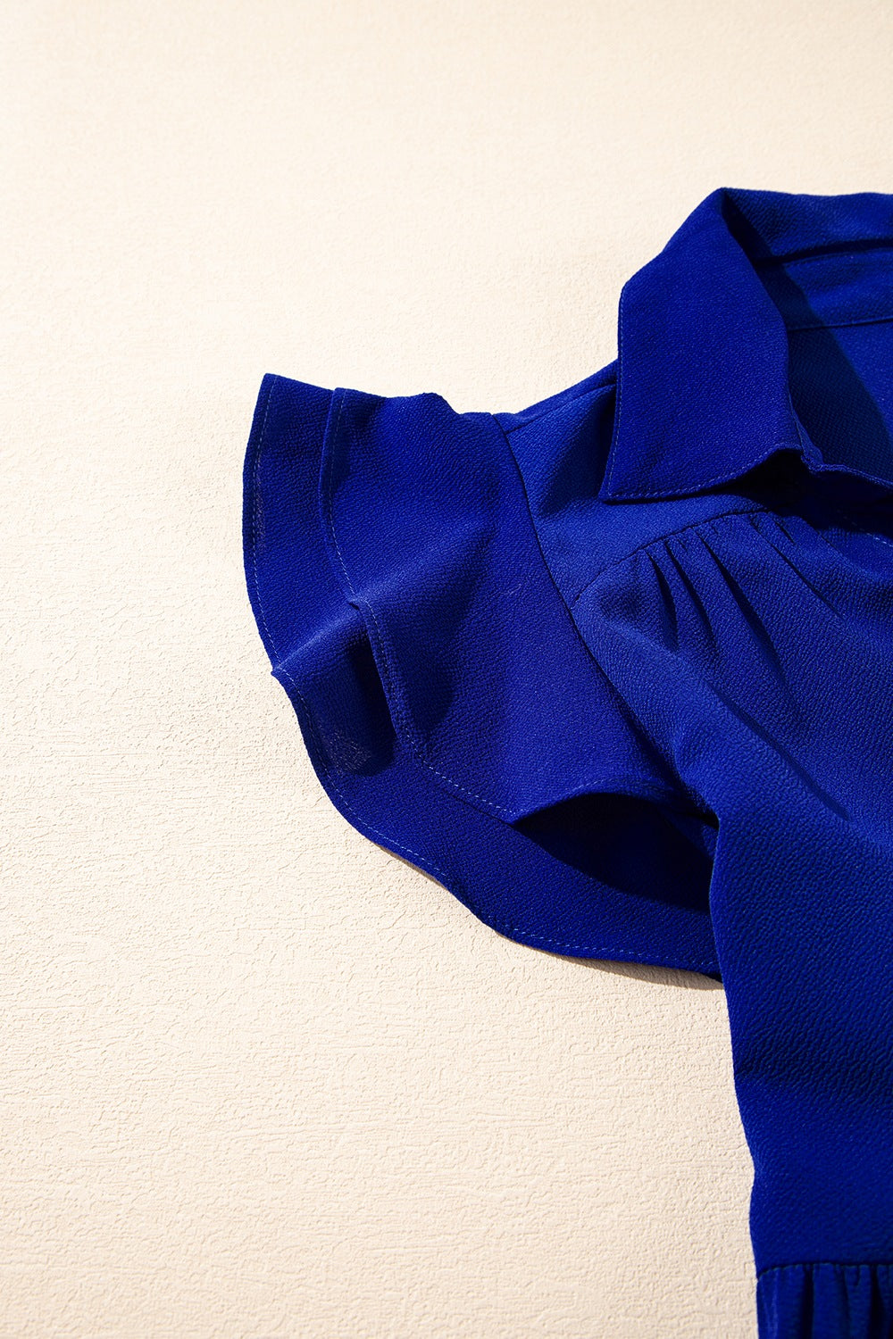 Ruffled Short Sleeve Collared V Neck Tiered Midi Dress.