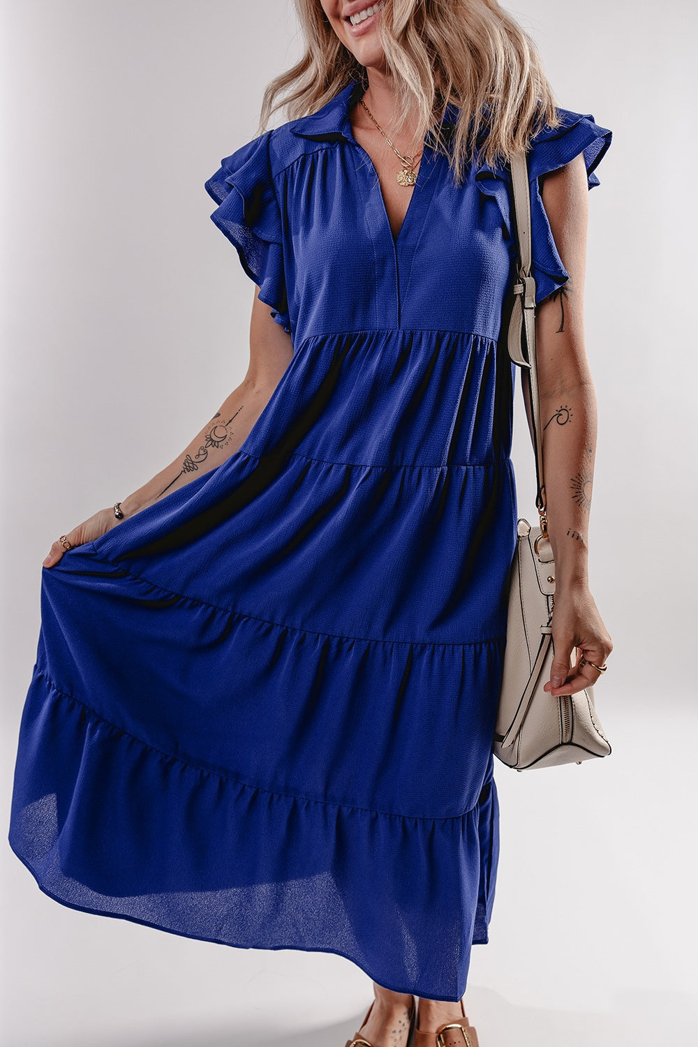 Ruffled Short Sleeve Collared V Neck Tiered Midi Dress.