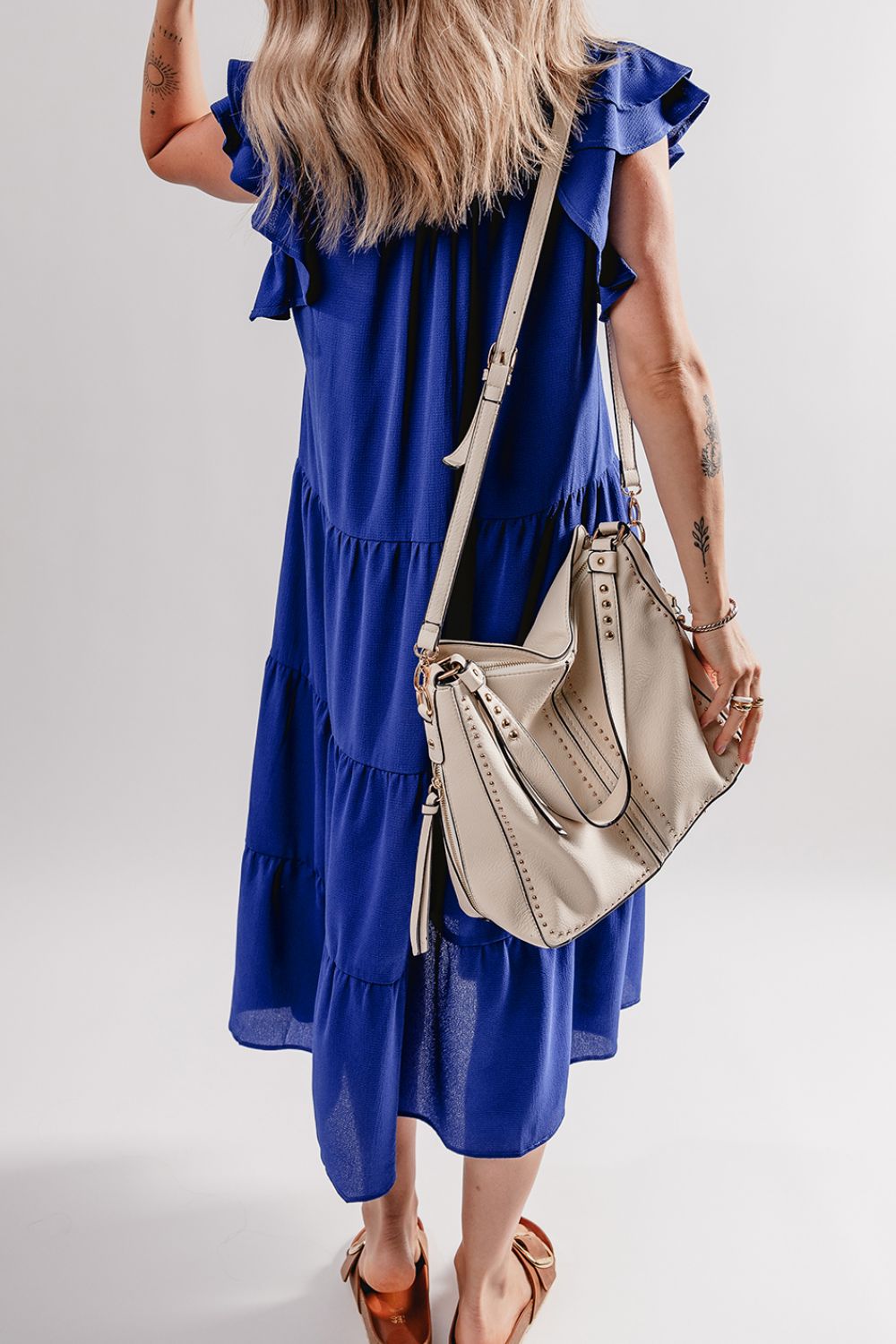Ruffled Short Sleeve Collared V Neck Tiered Midi Dress.