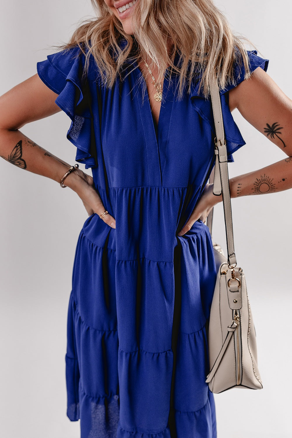 Ruffled Short Sleeve Collared V Neck Tiered Midi Dress.