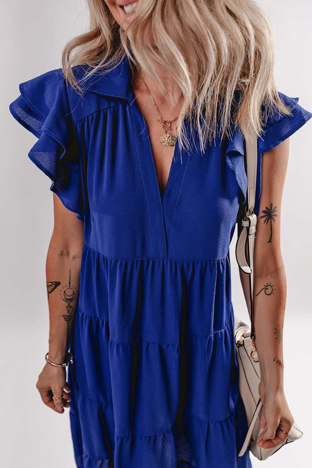 Ruffled Short Sleeve Collared V Neck Tiered Midi Dress.