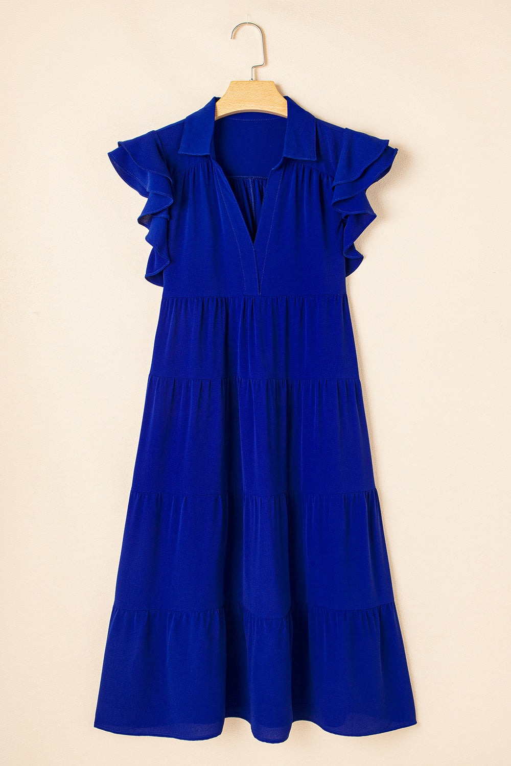 Ruffled Short Sleeve Collared V Neck Tiered Midi Dress.