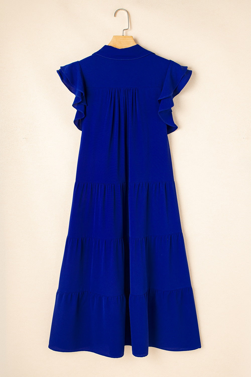 Ruffled Short Sleeve Collared V Neck Tiered Midi Dress.