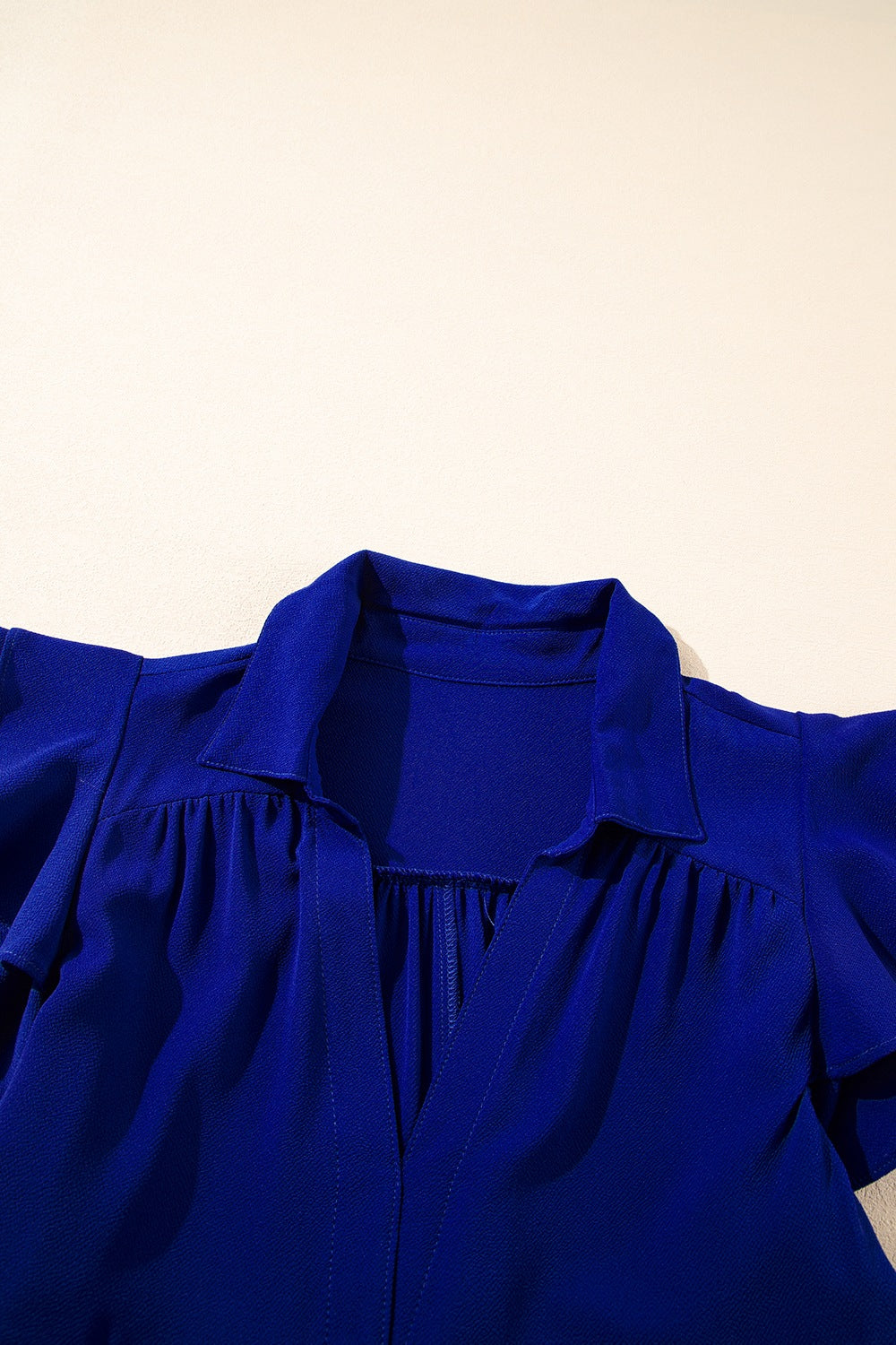 Ruffled Short Sleeve Collared V Neck Tiered Midi Dress.