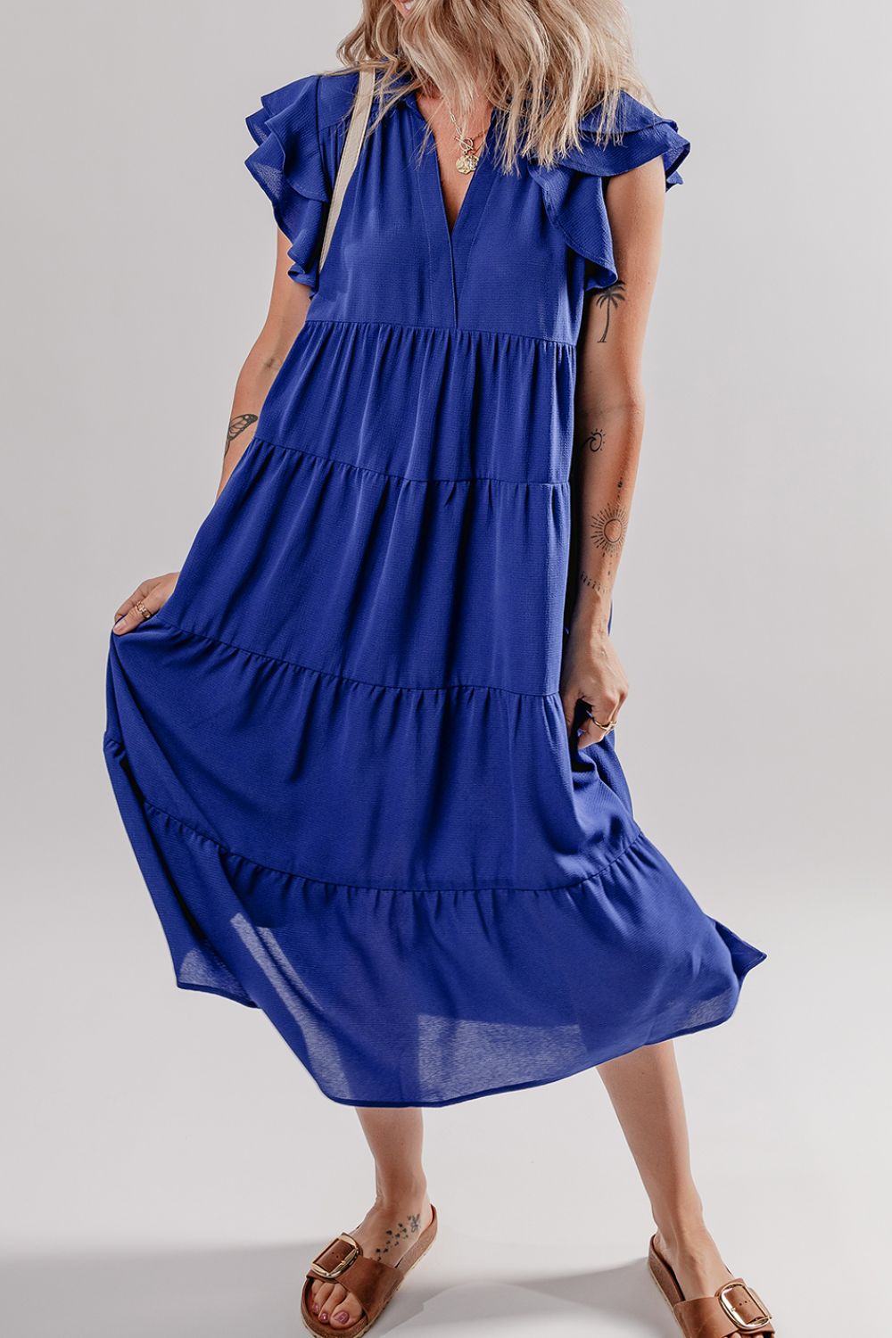 Ruffled Short Sleeve Collared V Neck Tiered Midi Dress.
