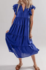 Ruffled Short Sleeve Collared V Neck Tiered Midi Dress.