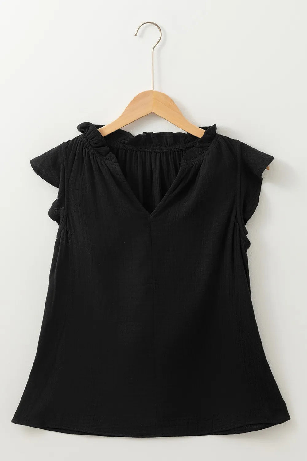 Ruffled shoulder notched shift tank top.