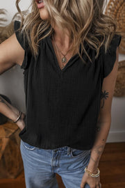 Ruffled shoulder notched shift tank top.