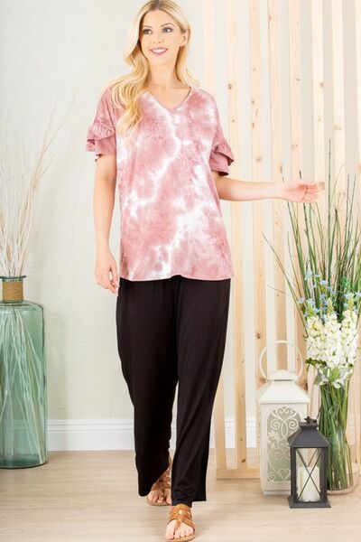 Ruffled Sleeve Tie Dye Top Plus Size