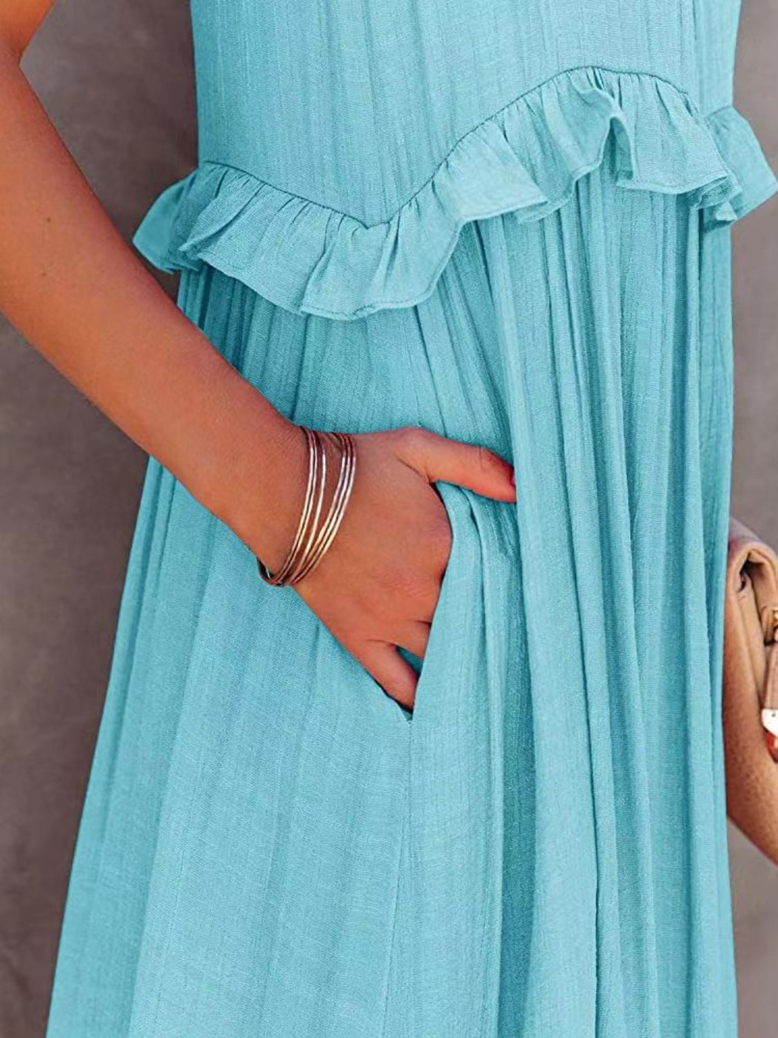Ruffled Sleeveless Tiered Maxi Dress with Pockets.