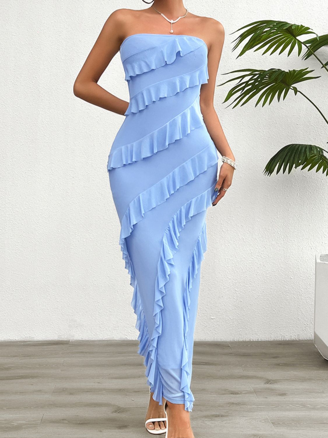 Devine Ruffled Slit Back Tube Maxi Dress.
