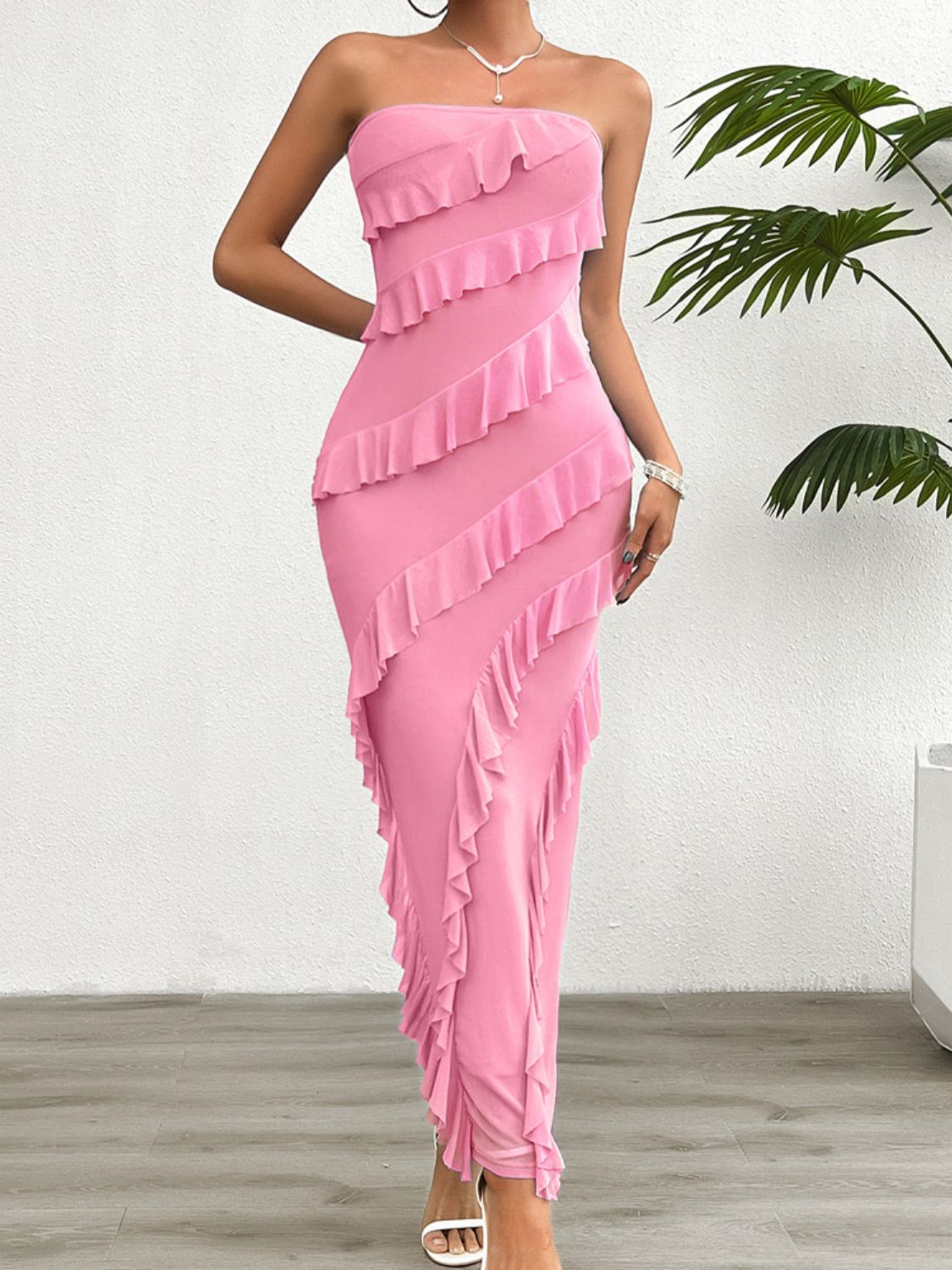 Devine Ruffled Slit Back Tube Maxi Dress.
