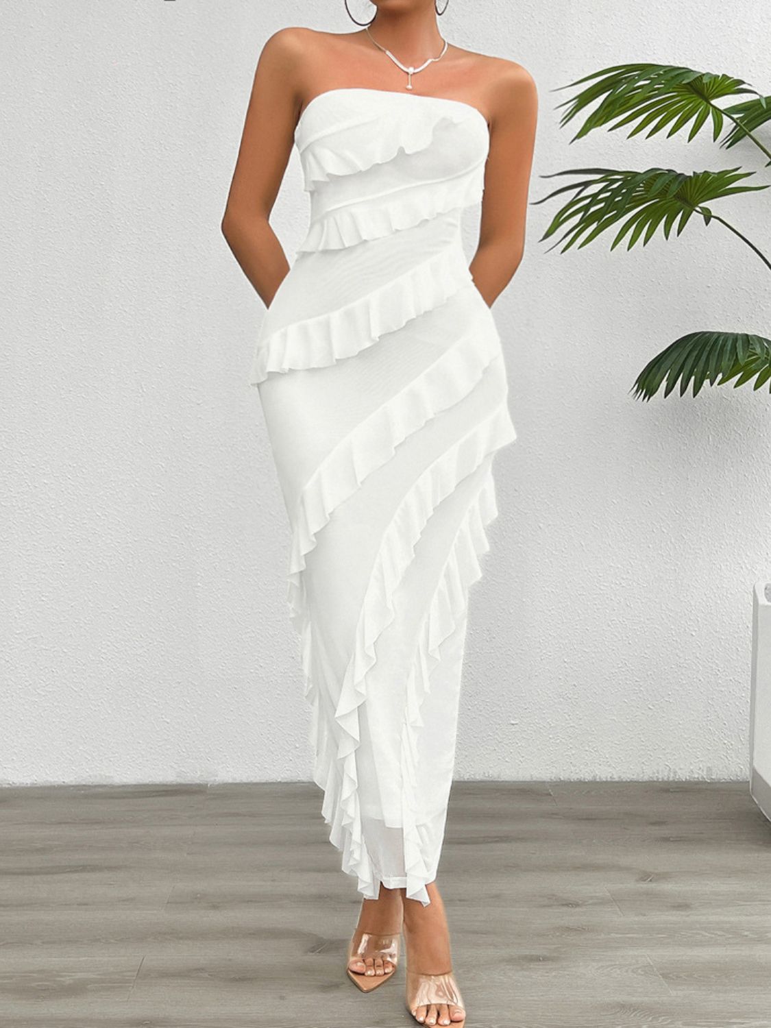 Devine Ruffled Slit Back Tube Maxi Dress.