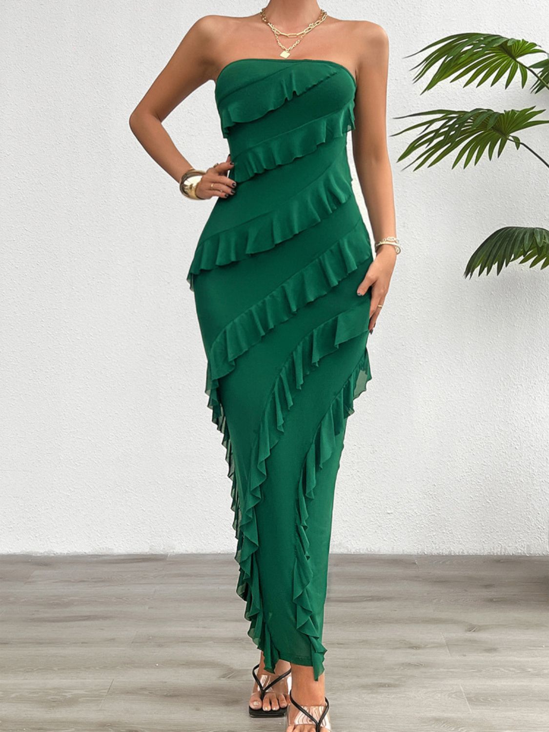 Devine Ruffled Slit Back Tube Maxi Dress.